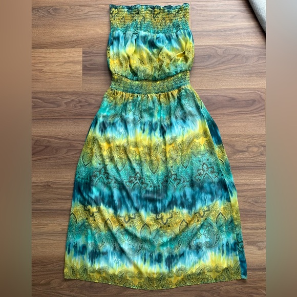 Vintage Y2K Size L Strapless Maxi Dress Rainbow Boho Tye-Dye Paisley Fairy - Picture 6 of 11